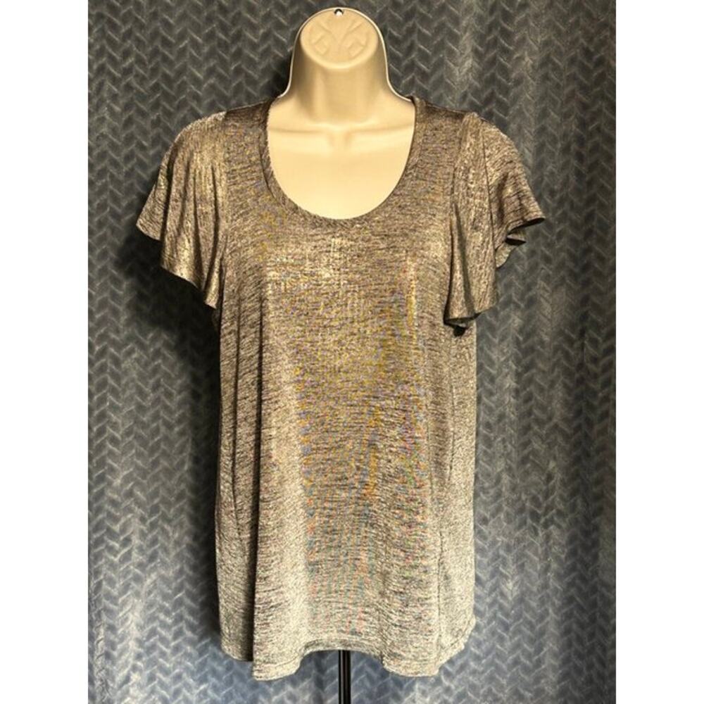 Anthropologie Flutter Sleeve Shimmer Top Size S Silver Casual Festival Metallic